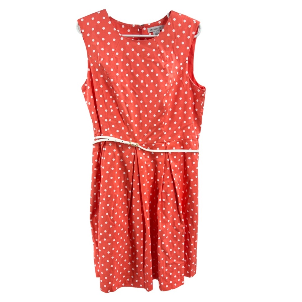 Liz Claiborne polka dot coral white belted sleeveless dress 16 plus cotton